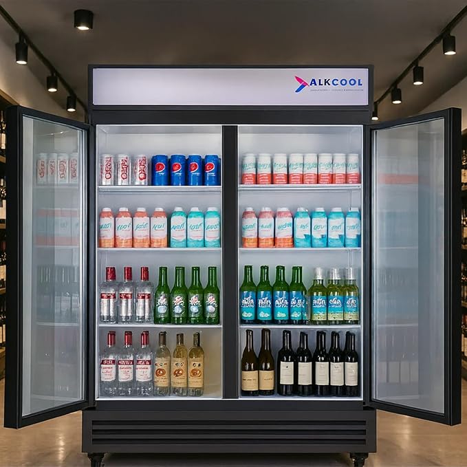 Commercial Beverage Refrigerator Display Fridge,Two Glass Door Upright Merchandiser Drink Cooler with LED Light Adjustable Shelves,46 Cu Ft,ETL Sanitation,(Wheels Not Included)
