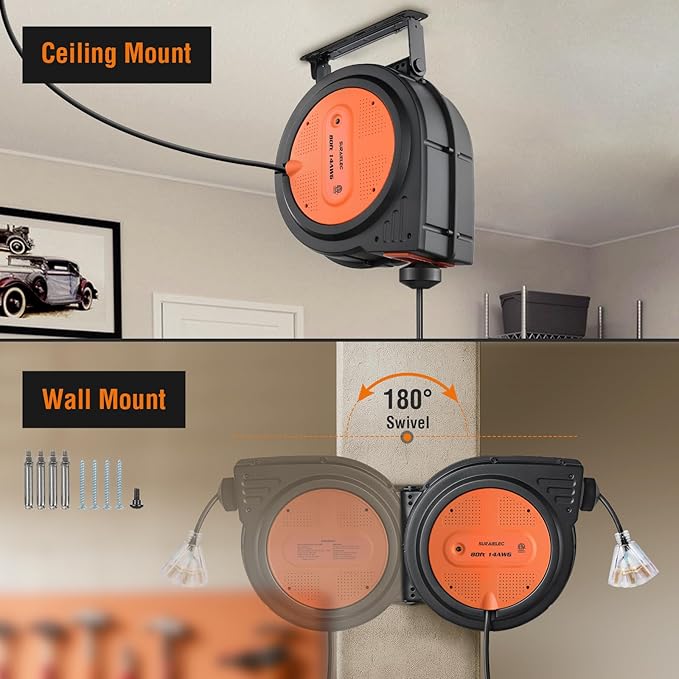 SURAIELEC 12 Gauge Extension Cord Reel, 60 FT Retractable Extension Cord, 12 AWG/3C SJTOW Heavy Duty Power Cord, 13 AMP Circuit Breaker, Lighted Triple Tap, Ceiling or Wall Mount, ETL Listed, Orange