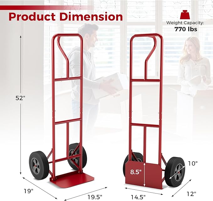 Goplus Hand Truck, P-Handle Hand Truck Dolly w/770LBS Capacity, Vertical Loop Handle, 10” Rubber Wheels, 14.5”x 8.5” Foldable Nose Plate, Heavy Duty Metal Dolly Cart for Lifting, Stairs