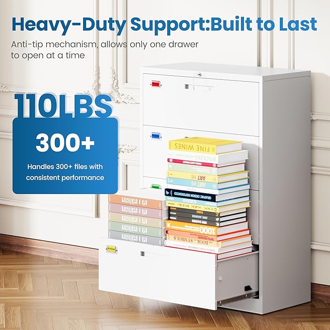 4 Drawer File Cabinet, Lateral Filing Cabinets for Home Office, Office Storage Drawers with Lock, Hanging Files Legal/Letter A4 Size (Assemble Required,White)