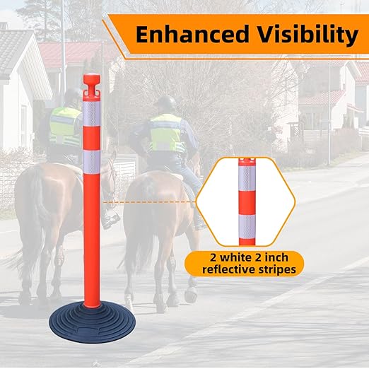 6 Pack 39 Inch Red Traffic Delineator Posts with 2 White Reflective Collars, Safety Posts Cones with 6.6 Feet Chains and 14 Inch Rubber Base for Road Safety,Parking Lot (Red)