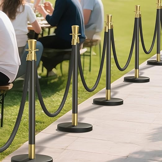 kaiyomi 8Pcs Stanchions with Black Velvet Ropes Set, 5 Feet Velvet Ropes and Posts Poles for Red Carpet Party Decoration and 360° Photo Booth (Golden & Black)