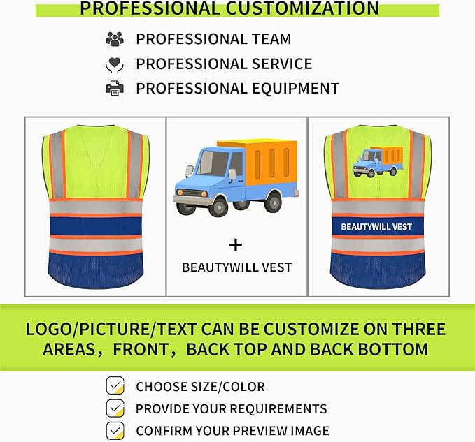 BeautyWill Custom Logo Safety Vest Class 2 High Visibility Reflective Vest for Men - Personalized Logo Team Vest