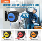 VEVOR 75FT Retractable Extension Cord Reel, 14AWG/3C SJTOW Heavy Duty Power Cord w/Lighted Electrical Triple Tap Outlets, 13A Circuit Breaker,180° Swivel Bracket for Workshop or Garage, Blue