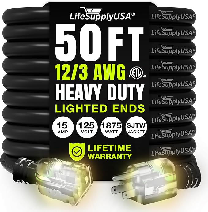 50ft Outdoor/Indoor Extension Cord 12/3 Gauge Extra Heavy Duty 3 Prong SJTW, Waterproof, ETL Listed, Flexible Cold-Resistant Long Power Cord,15A 125V 1875W, Black by LifeSupplyUSA