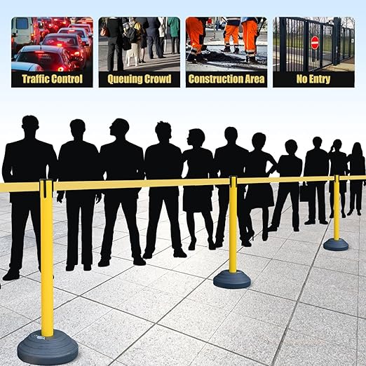 6 Pack Premium Crowd Control Stanchion Set, 40" H Delineator Post with 10' Feet Retractable Belt, Heavy-Duty Base, Safety Rope Barriers for Traffic Queue (Water Filled Base, Yellow)