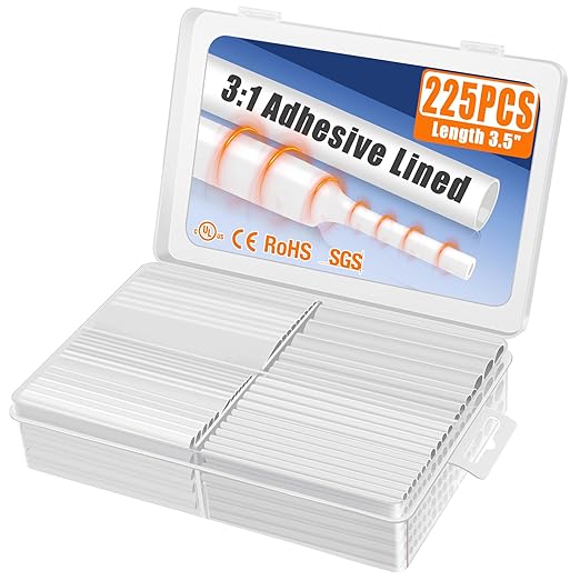 XHF UL Listed 225 Pcs 3:1 Waterproof White Heat Shrink Tubing Kit Marine Grade Adhesive Lined Heat Shrink Tube, Insulation Sealing Oil-Proof Wear-Resistant