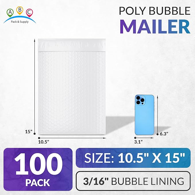 ABC PACK & SUPPLY Poly Bubble Mailers, 10.5 x 15 Inch. Pack of 100 White Padded Envelopes Self Seal. Tear-Proof Gift Bubble Envelopes. Waterproof Packaging for Small Business. Cushioning Book Mailers