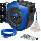 Retractable Cord Reel, 60 FT Heavy Duty Extension Cord, 12AWG/3C SJTOW, 3 Grounded Outlets Lighted Triple Tap, 15A Circuit Breaker, Wall/Ceiling Mounted, UL Listed, Blue U60CR06