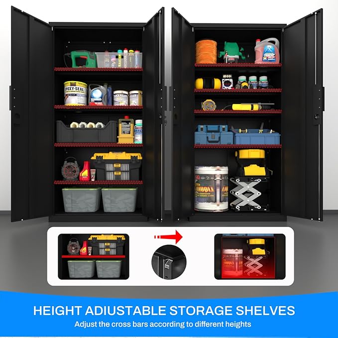 Metal Garage Storage Cabinet with Lock, 72" Tall Steel Storage Locker with 4 Adjustable Shelves, Heavy Duty Metal Cabinet for Garage, Office, Home, Black