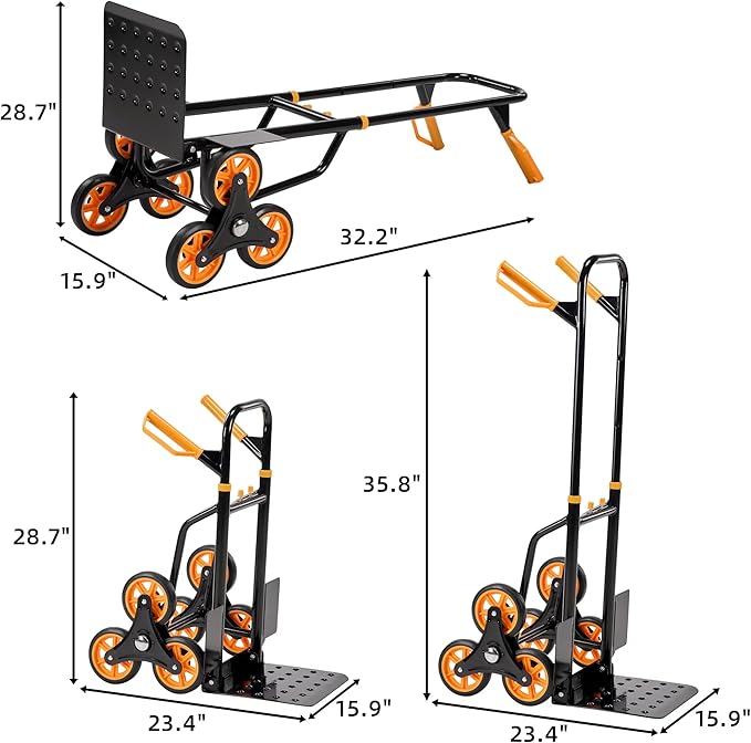 Heavy Duty Stair Climbing Hand Truck Dolly Cart, Portable and Foldable Three-Wheel Dolly