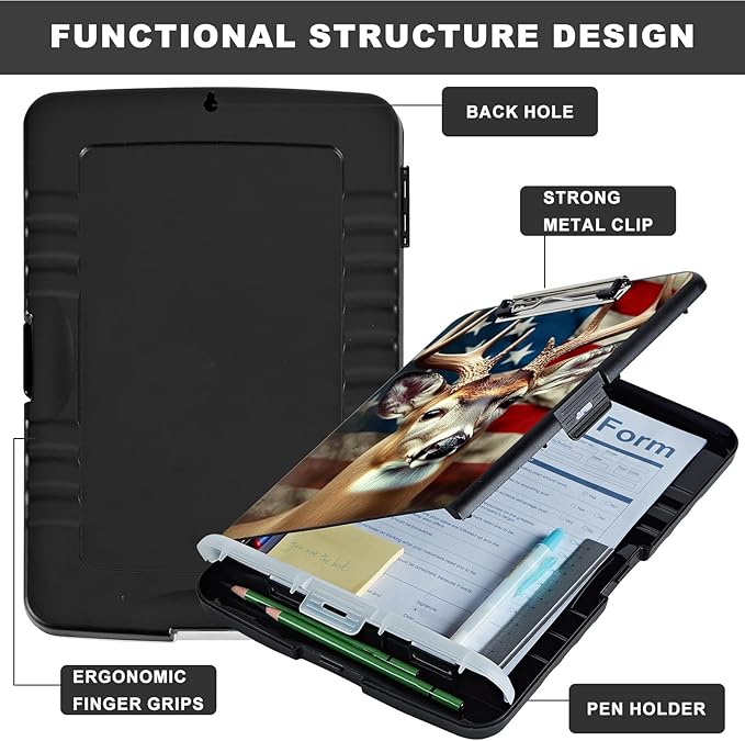 Clipboard with Storage,Heavy Duty Plastic Storage Clipboard with Low Profile Clip,Teacher Must Haves,Office Supplies,American Flag Deer