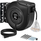 Retractable Cord Reel, 75 FT Heavy Duty Extension Cord, 14AWG/3C SJTOW, 3 Grounded Outlets Lighted Triple Tap, 10A Circuit Breaker, Wall/Ceiling Mounted, UL Listed, Black H75CR06