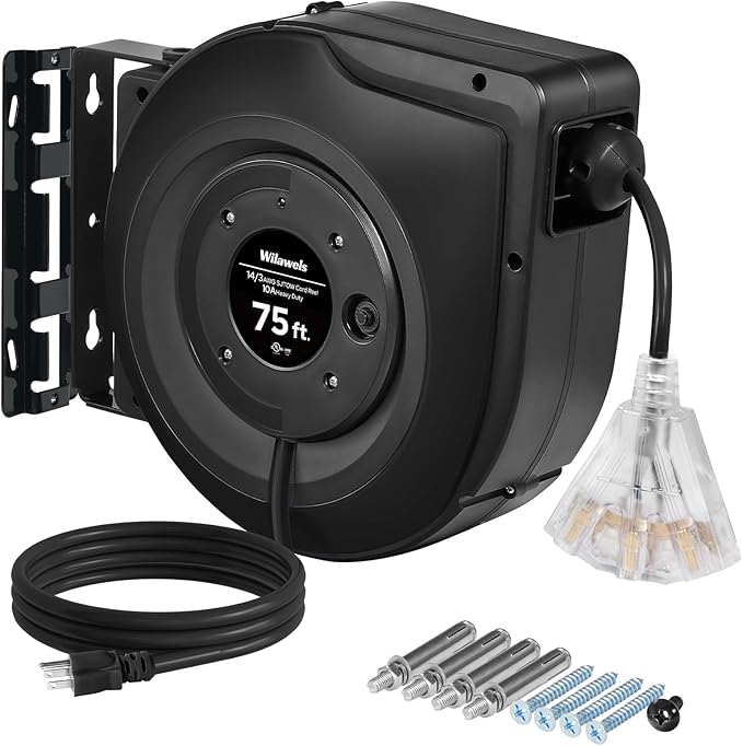 Retractable Cord Reel, 75 FT Heavy Duty Extension Cord, 14AWG/3C SJTOW, 3 Grounded Outlets Lighted Triple Tap, 10A Circuit Breaker, Wall/Ceiling Mounted, UL Listed, Black H75CR06