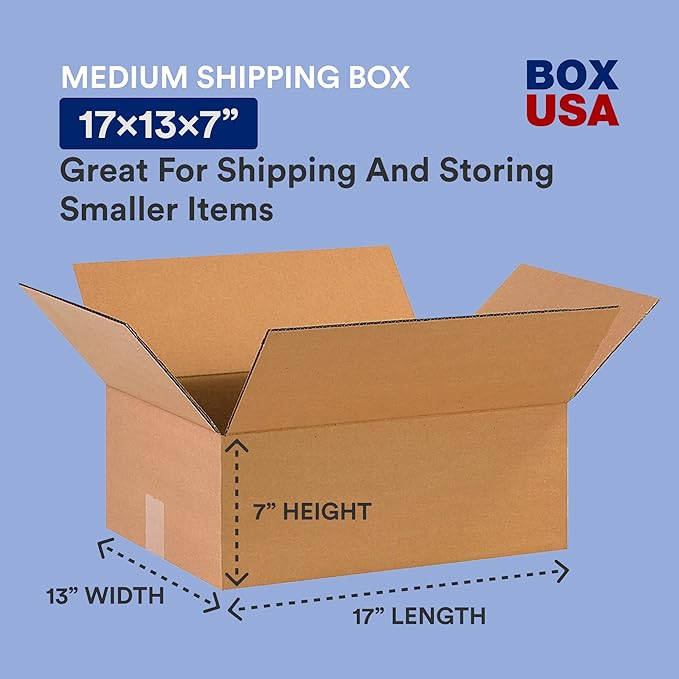 BOX USA Shipping Boxes 17"L x 13"W x 7"H, 25-Pack Medium Corrugated Cardboard Boxes for Shipping, Mailing, Packing, Packaging and Storage