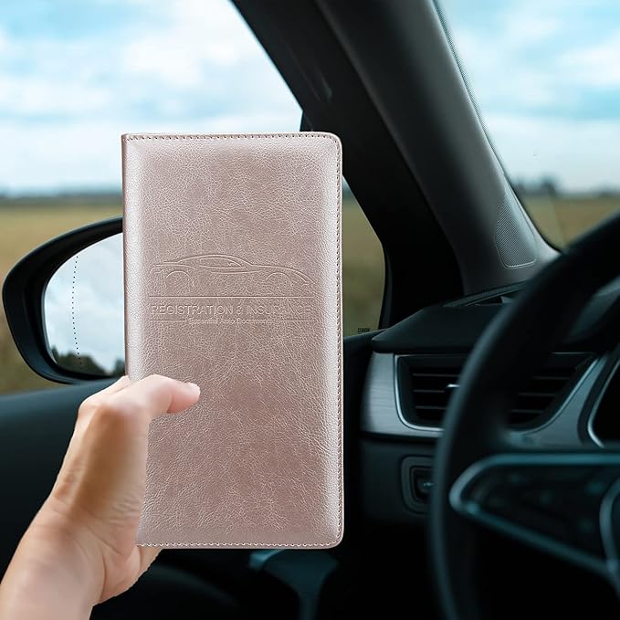 Car Registration and Insurance Holder, Premium Pu Leather Vehicle Glove Box Organizer - for Driver License, Cards & Essential Documents (L-Rose Gold)