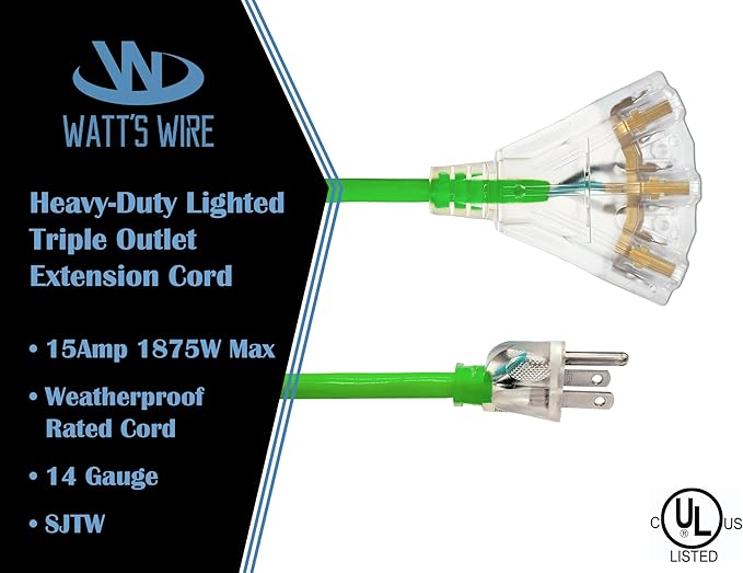 25 ft Outdoor Extension Cord Waterproof - 14 Gauge Heavy Duty Extension Cord 25 ft - Lighted Outdoor Extension Cords with Multiple Outlets - Watts Wire - 25' Grounded - extensiones electricas