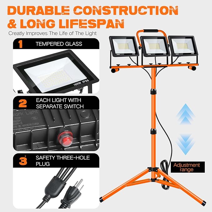 21000 Lumen Work Lights with Stand, 3 Adjustable Head LED Work Light, with Adjustable and Foldable Tripod Stand, Waterproof Lamp with Individual Switch with 6500 Kelvin Color (3-Head-Orange)