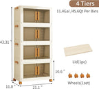 Plastic Stackable Storage Bins with Lids and Wheels, 182.4QT-45.6QT*4Tier Foldable Closet Organizers and Containers, Collapsible Clear Drawer Storage Cabinet with Doors Ivory White