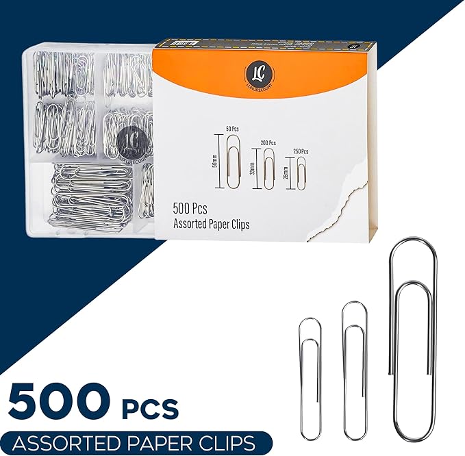 500 Pack Paper Clips by Luxurecourt - 3 Assorted Sizes of Silver Small and Large Paperclips Bulk, Rust-Resistant Nickel Plated Steel Clips, Essential for Organization - Home, School, Office Supplies