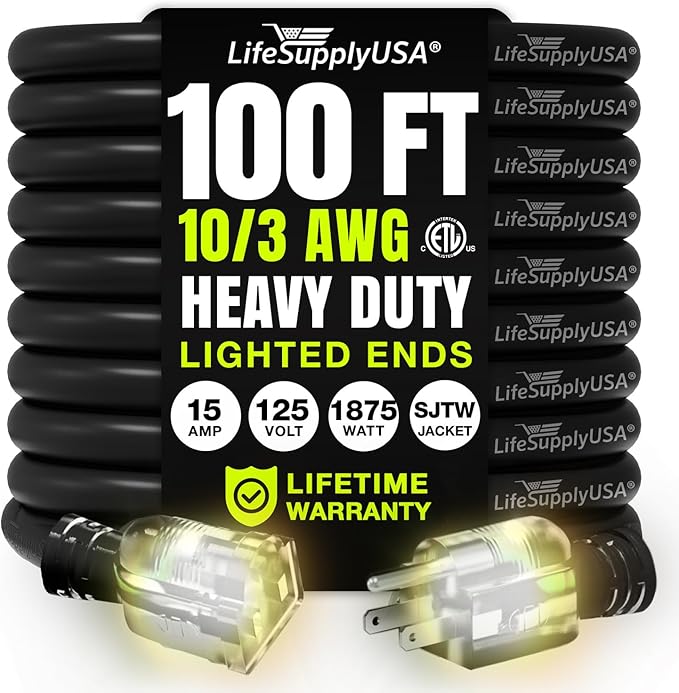 100ft Outdoor/Indoor Extension Cord 10/3 Gauge Ultra Heavy Duty 3 Prong SJTW, Waterproof, ETL Listed, Flexible Cold-Resistant Long Power Cord,15A 125V 1875W, Black by LifeSupplyUSA