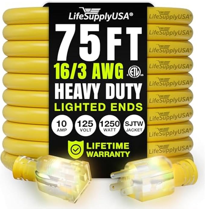 75ft Outdoor/Indoor Extension Cord 16/3 Gauge Heavy Duty 3 Prong SJTW, Waterproof, ETL Listed, Flexible Cold-Resistant Long Power Cord,10A 125V 1250W, Yellow by LifeSupplyUSA