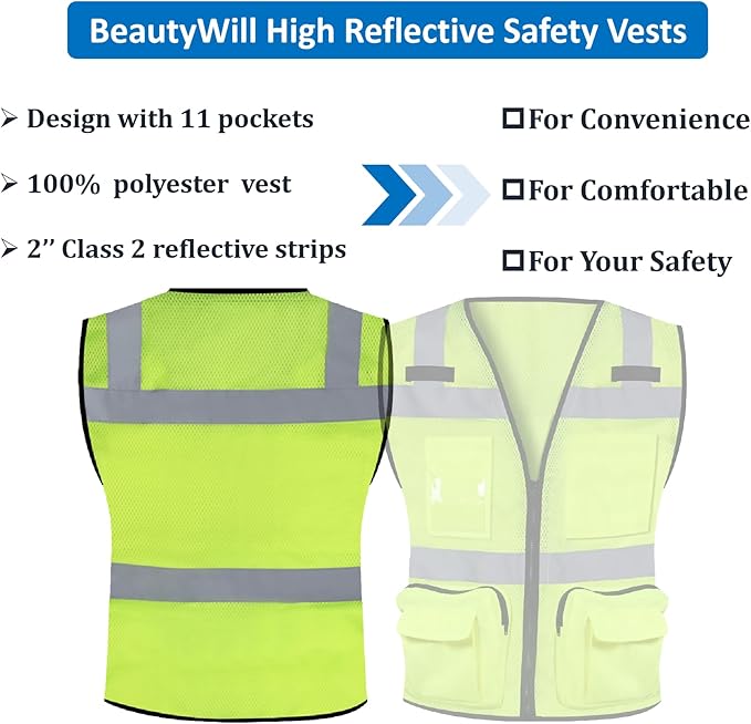 BeautyWill Custom Logo 10/20 Pack Safety Vest Class2 High Visibility Vest with Pockets Breathable Construction Vest Bulk