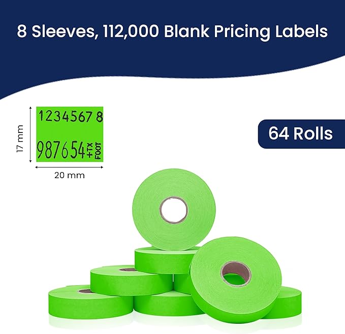 Perco Fluorescent Green 2 Line Pricing Labels - 8 Sleeves, 64 Rolls (112,000 Labels) - Monarch 1136 Compatible - Includes 8 Free Ink Rolls