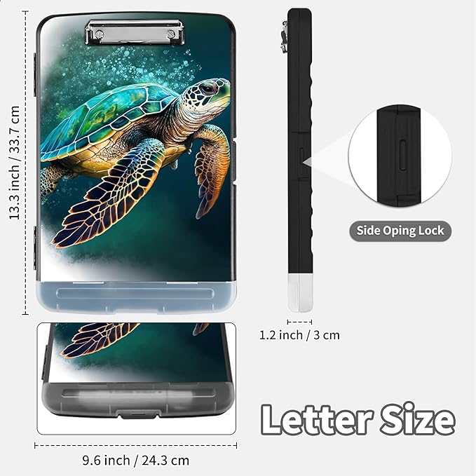 Clipboard with Storage,Clip Boards 8.5X11 with Storage & Pen Holder,Heavy Duty Plastic Nursing Clipboards Foldable,Coaches Clipboard Folder Case,School Office Supplies，Green Sea Turtle