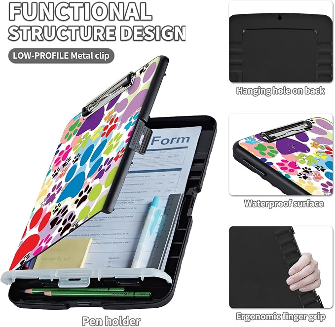 Clipboard with Storage,Clip Boards 8.5X11 with Storage & Pen Holder,Heavy Duty Plastic Nursing Clipboards Foldable,Coaches Clipboard Folder Case,School Office Supplies，Dog Pawprint Multicolor