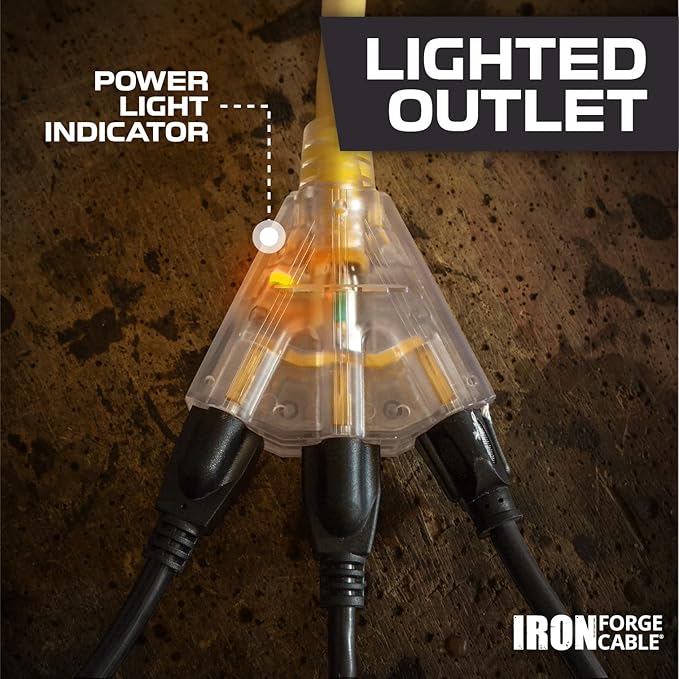 Iron Forge Cable 10 Gauge 75ft Lighted Outdoor Heavy Duty Extension Cord with 3 Outlets - 15 Amp 10/3 SJTW Yellow Extension Cord with Multiple Outlets