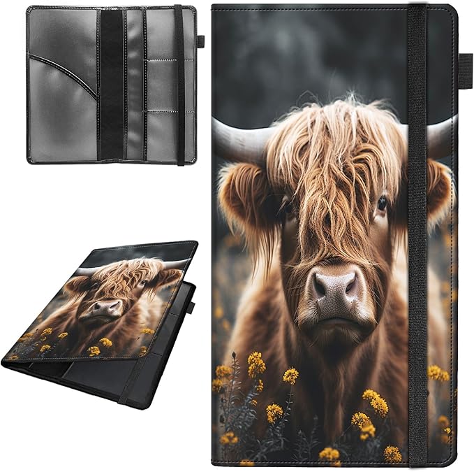 Car Registration and Insurance Holder,Leather Vehicle Glove Box Organizer Wallet for Document,Perfect for any Car,Truck,Motorcycle,Driver License,Trailer or Boat,Men & Women,Highland Cow Cattle