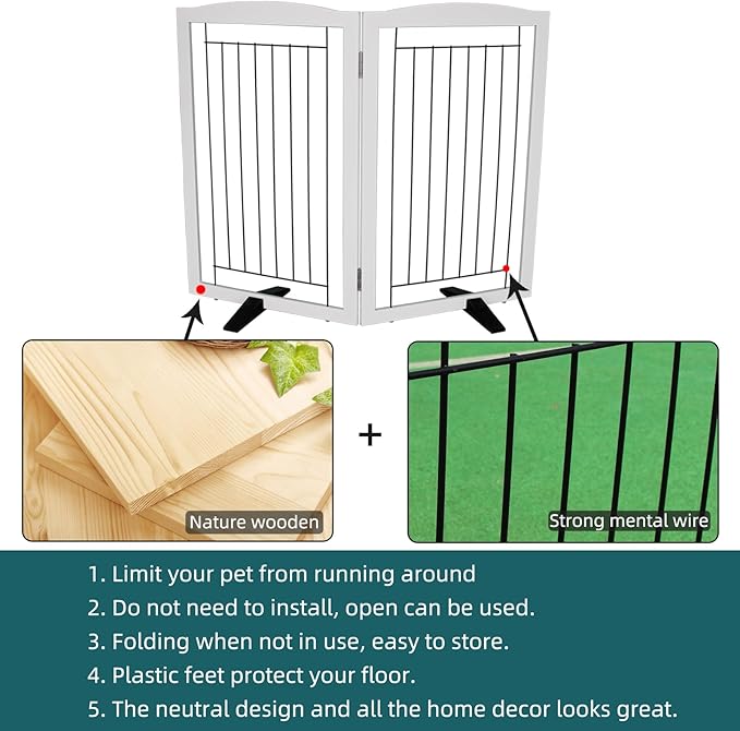 Dog Fence Indoor - 2-Panel Freestanding Dog Gate for Doorways, Hallways, House or Stairs -40x32-Inch Retractable Foldable Expandable Wood Pet by SFJC (White)