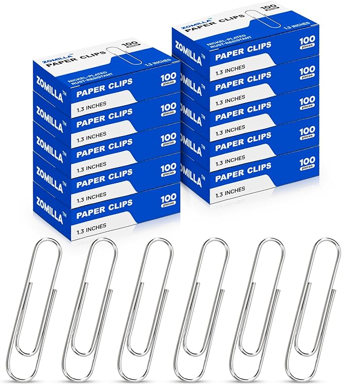 Paper Clips, Zomilla 1000 Pcs Paperclips (10 Boxes of 100 Each), 1-2/7" Medium Paper Clip, Rustproof 1.3 Inches Metal Paper Clip for Office, School, Home - Silver