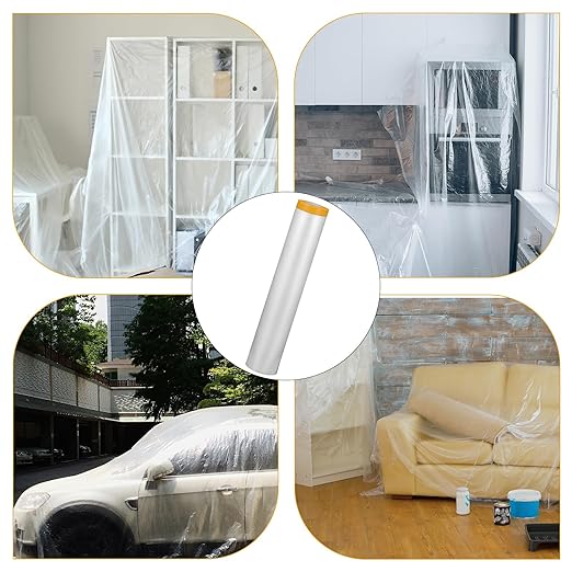 4 Rolls 8.8 x 65 Feet Plastic Sheeting Pre-Taped Masking Film Drop Cloth for Painting, Automotive Covering and Appliance Protection