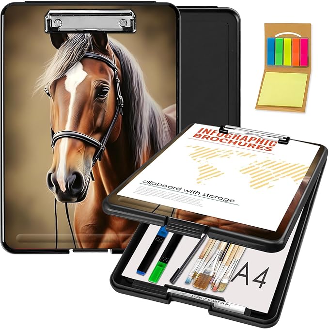 Clipboard with Storage,Office Supplies Nursing Clipboards Folder with Pen Holder Plastic Foldable Clip Board with Storage for Nurse Teacher,Beautiful Horse