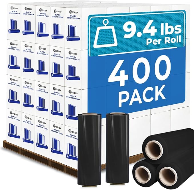 Rosmonde 400 Pack Black Plastic Wrap, 80 Gauge Durable Shrink Wrap Roll, 18" x 1500 ft Stretch Wrap Roll, 3" Core, Heavy Duty Stretch Film for Pallet Wrapping Warehouse Packaging, Moving & Storage