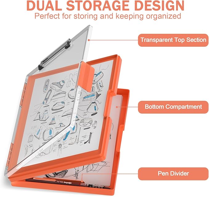 Rimilak Plastic Clipboard with Storage, Side Opening with 2 Compartment, Size 13.3 x 9.4 x 1.5 Heavy Duty High Capacity Nursing Box for Work School & Office Supplies, Orange