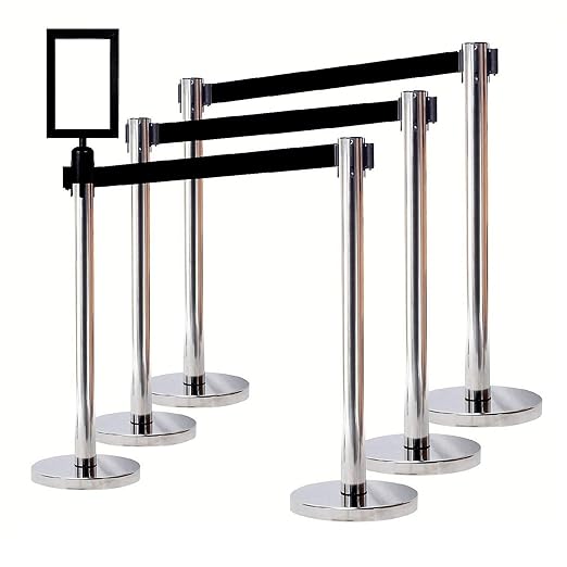 VIP Crowd Control Retractable Belt Stanchion Queue Safety Barrier Set, 36" Ht, 78" Belt + Wall Bracket (6 Mirror Posts Black Belt + SFrame + WBracket)