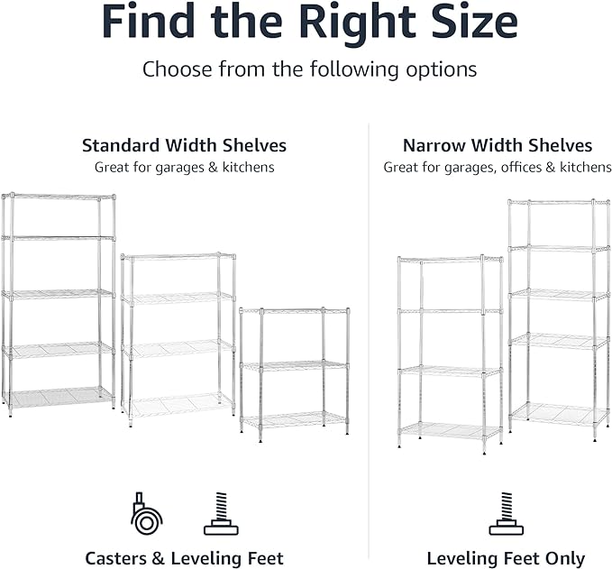 Amazon Basics 4-Shelf Adjustable, Heavy Duty Storage Shelving Unit with Wheels for Easy Assembly, for Garage or Kitchen Use, Metal Organizer Wire Rack, 36" L x 14" W x 57.8" H, Chrome