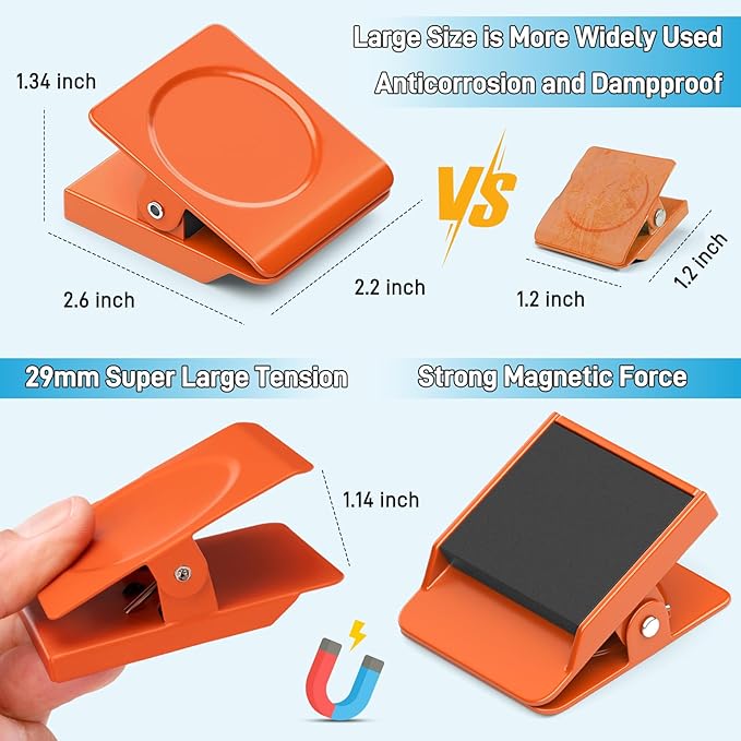 FINDMAG Extra Strong Magnetic Clips, 2.2inch Magnetic Binder Clips Heavy Duty, Large Christmas Light Clips with Magnet for Refrigerator, Office, Hanging Photos, Classroom (4Pack, Orange)