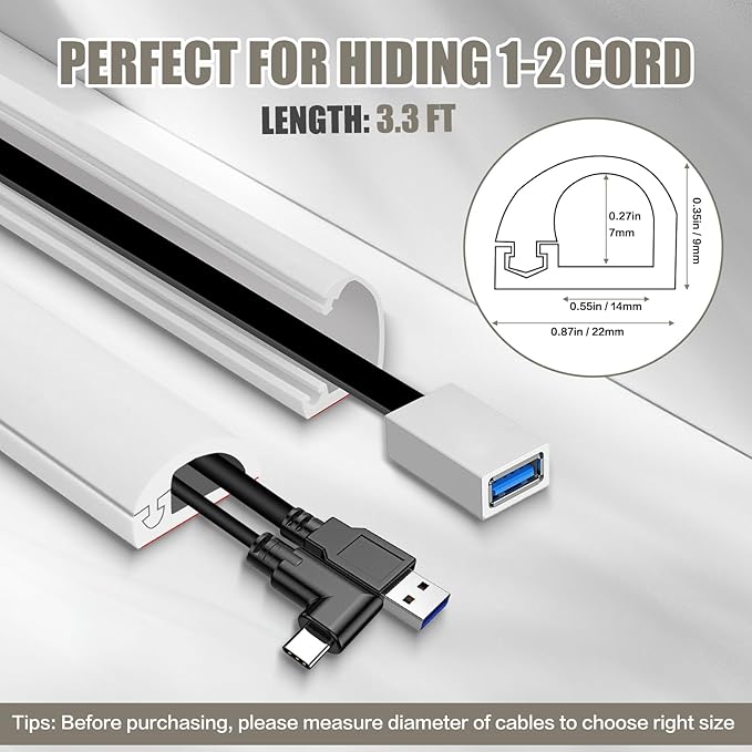 Cord Wall Cover, 39in Self-Adhesive Wire Covers for Cords on Wall, Extension Cable Hider for Floor, Mounted Tv, Home and Office Cavity 0.63" Wx0.31 H (White)