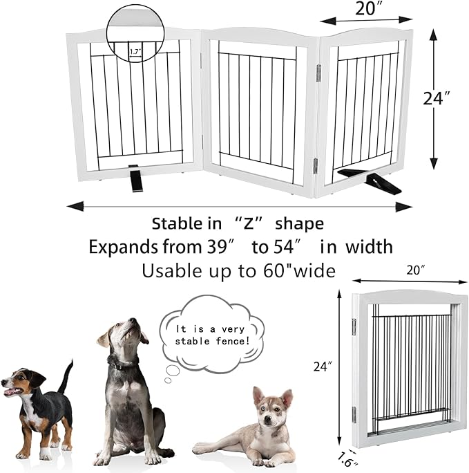 Dog Fence Indoor - 3-Panel Freestanding Dog Gate for Doorways, Hallways, House or Stairs -60x24-Inch Retractable Foldable Expandable Wood Pet by SFJC (White) ﻿