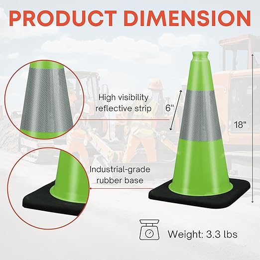 18" Traffic Safety Cones Road Cones, Construction Cone with Rubber Base & Reflective Collars, Restorable Parking Cones, Heavy Duty Road Cones for Traffic Control & Road Safty(8 Pack-Green）
