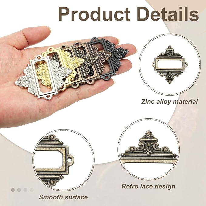 uxcell 10 Pcs Metal Label Holder, 2.2 x 2.4 Inch Small Vintage Card Frame Tag Floral Lace Label Holder with Screws for File Boxes Drawers Door Cabinet Book Shelves, Bronze Green