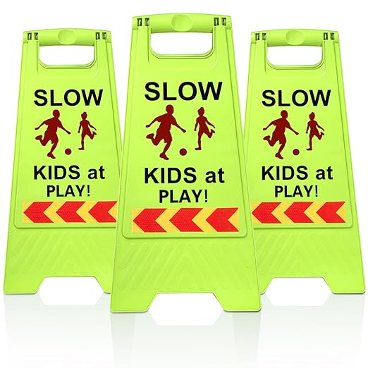 3 Pack Slow Kids at Play Sign, Children Playing Sign for Street with Reflective Tapes Handle, 24 Inch High Visibility Green Kids Pets Caution Warning for School, Sidewalk, Driveway, Park