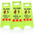3 Pack Slow Kids at Play Sign, Children Playing Sign for Street with Reflective Tapes Handle, 24 Inch High Visibility Green Kids Pets Caution Warning for School, Sidewalk, Driveway, Park
