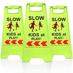 3 Pack Slow Kids at Play Sign, Children Playing Sign for Street with Reflective Tapes Handle, 24 Inch High Visibility Green Kids Pets Caution Warning for School, Sidewalk, Driveway, Park