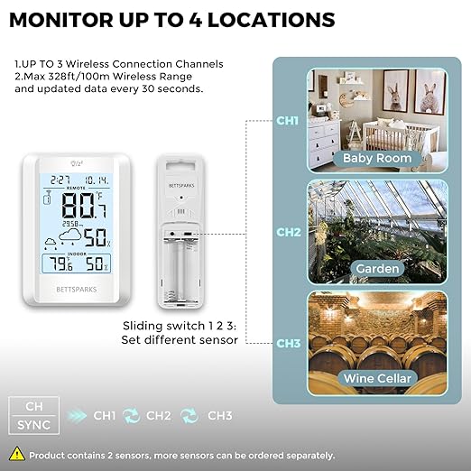 Indoor Outdoor Thermometer Wireless Battery Operated Weather Station Wireless External Temperature Humidity Monitor with 2 Outdoor Remote Sensors, 330 Feet Range (BR-E3-002)