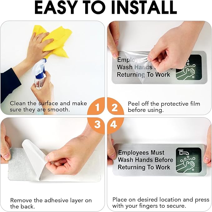 Faittoo Employees Must Wash Hands Before Returning to Work Sign, (8 Pack) Rust Free Brushed Aluminum Sign with Symbols, Self-adhesive, for Restaurant, Salons, Hotel, Rest Stops, Public Restrooms